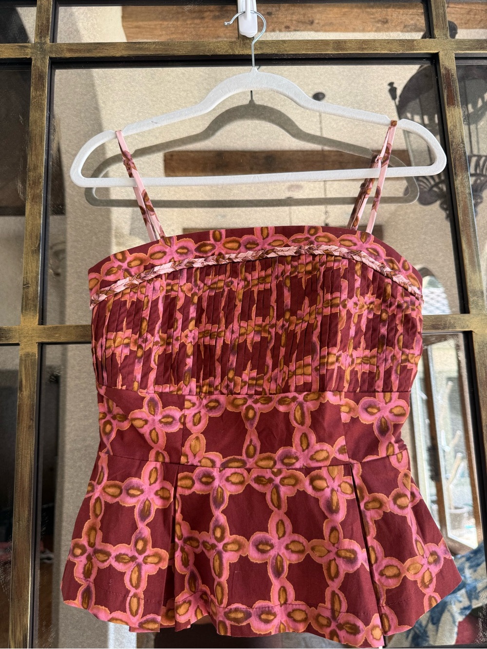 Studio Pink and Burgundy Strapless Patterned Peplum Top